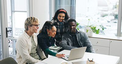 Buy stock photo Collaboration, laptop and discussion with business people in office for feedback, review or report. Computer, teamwork or training with employee group together for planning, strategy or brainstorming