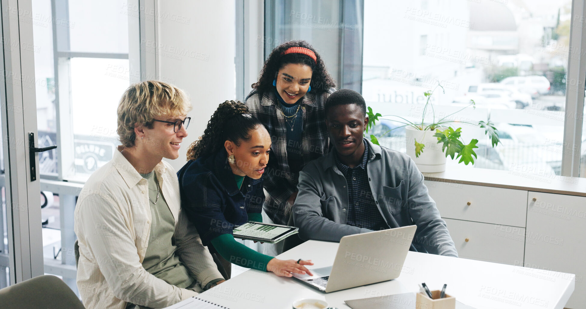 Buy stock photo Collaboration, laptop and discussion with business people in office for feedback, review or report. Computer, teamwork or training with employee group together for planning, strategy or brainstorming