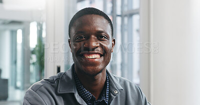 Buy stock photo Portrait, smile and tech support with black man in office for IT consulting or network administration. Cybersecurity, engineering and maintenance with happy African employee in workplace for service