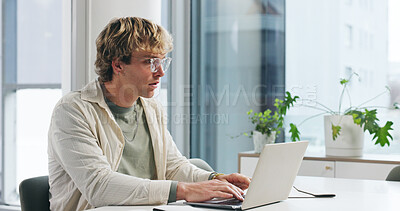 Buy stock photo Reading, glasses and laptop with business man in office for article source, publisher schedule or research. Journalist report, draft editing and planning with person in media agency for magazine