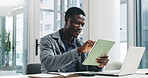Black man, tablet and scroll with technology for business report, project planning or company research. Businessman, reading and review notes with computer for schedule, agenda or tasks in workplace