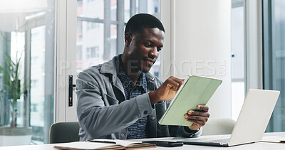 Buy stock photo Black man, tablet and scroll with technology for business report, project planning or company research. Businessman, reading and review notes with computer for schedule, agenda or tasks in workplace