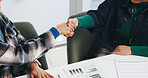 Business people, handshake and meeting with documents for recruiting, agreement or office deal. Employees, colleagues and shaking hands with paperwork for partnership, hiring or contract in workplace