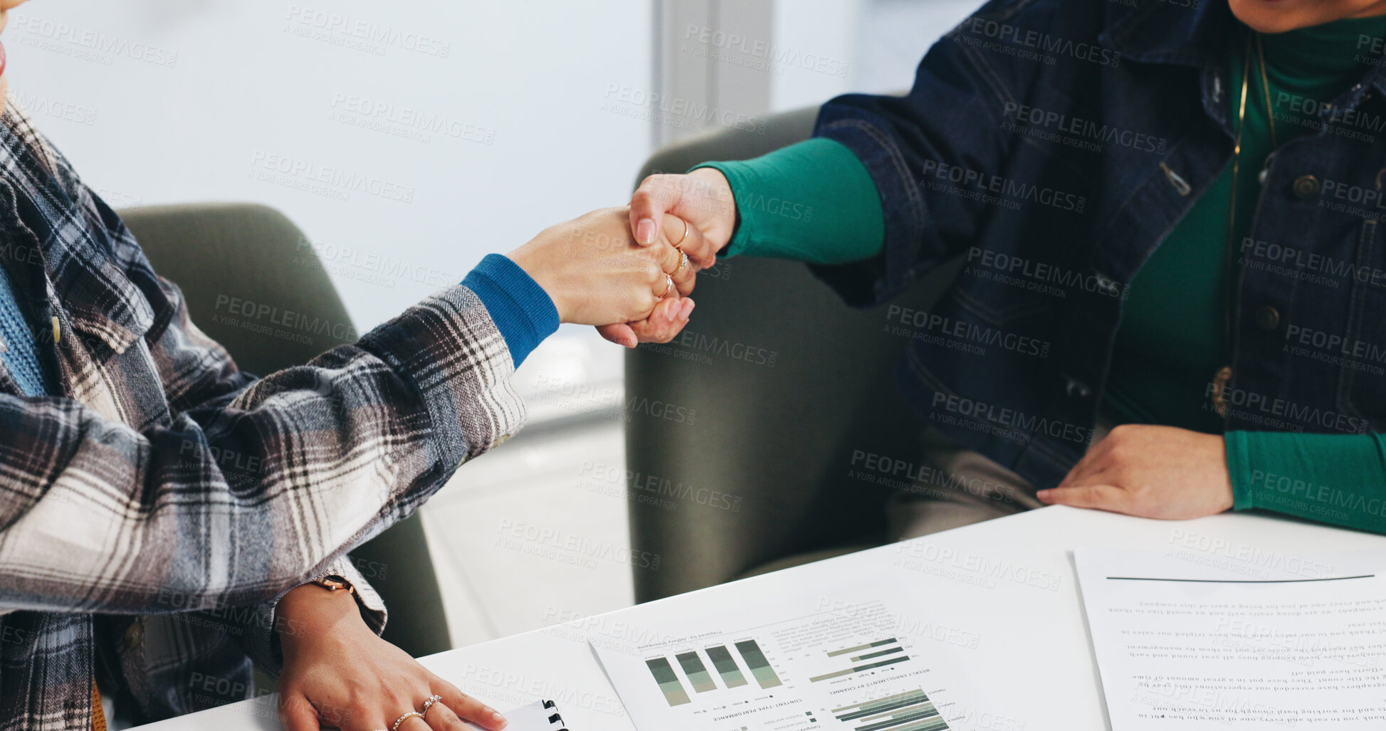 Buy stock photo Business people, handshake and meeting with documents for recruiting, agreement or office deal. Employees, colleagues and shaking hands with paperwork for partnership, hiring or contract in workplace