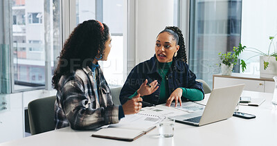 Buy stock photo Business women, discussion and documents with laptop for performance review, analytics or profit. Female people, employees or analyst team with paperwork for company report, progress or improvement