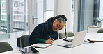 Planning, notebook and writing with business woman in office for schedule, client feedback or proposal. Consultant, technology and networking with employee in agency for project management and review