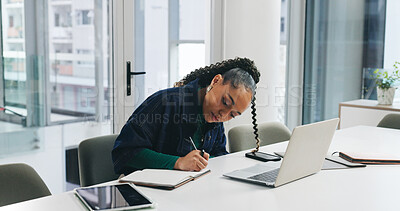 Buy stock photo Planning, notebook and writing with business woman in office for schedule, client feedback or proposal. Consultant, technology and networking with employee in agency for project management and review