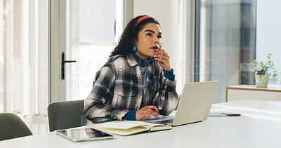 Buy stock photo Laptop, thinking and idea with business woman in office for internship, web designer or reflection. Vision, ui menu prototype and research with person in creative agency for reading and online review