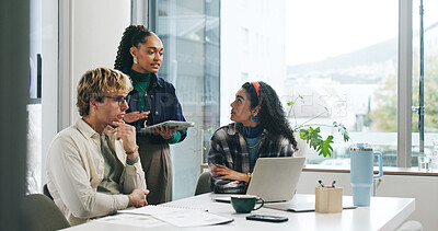 Buy stock photo Planning, technology and feedback with business people in office for discussion, review or report. Laptop, teamwork or training with creative group for collaboration, support or brainstorming advice