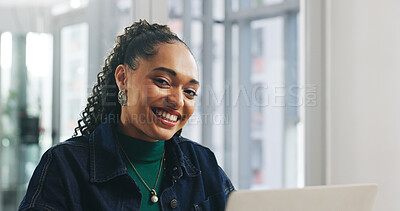 Buy stock photo Happy woman, laptop and portrait at startup with pride for career, article or report at media company. Person, writer and smile with computer, research or editing process at creative agency in Brazil
