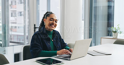 Buy stock photo Happy woman, portrait and event planner with laptop in office for company campaign or schedule. Female person, coordinator or smile with technology for business agenda, report or tasks in workplace