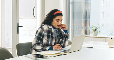 Buy stock photo Laptop, thinking and reading with business woman in office for internship, web designer or reflection. Vision, planning and idea with person in creative agency for research and online review