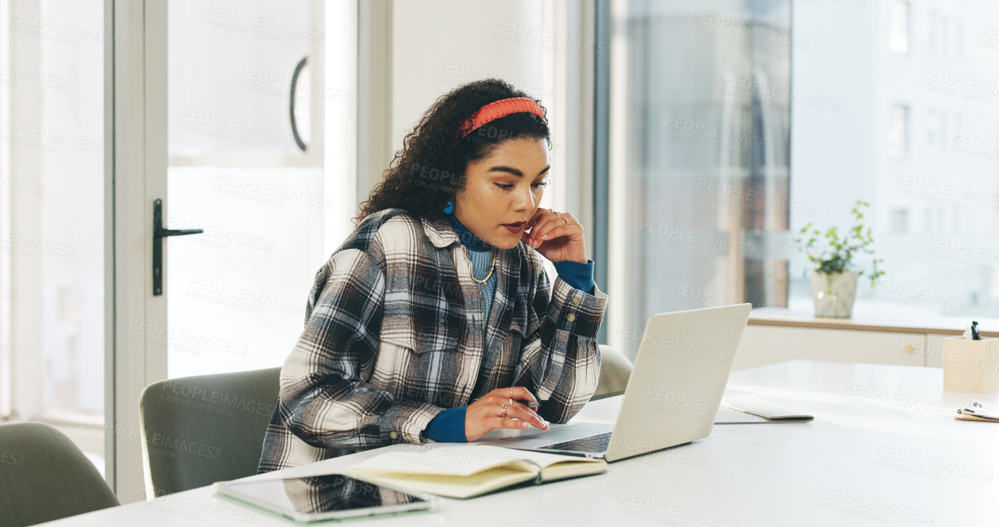 Buy stock photo Laptop, thinking and reading with business woman in office for internship, web designer or reflection. Vision, planning and idea with person in creative agency for research and online review