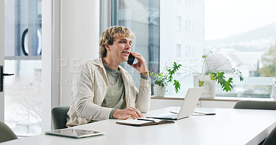 Buy stock photo Phone call, laptop and planning with man in office for advice, client feedback or proposal. Communication, contact and networking with employee in agency for project management and business review