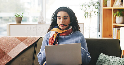 Buy stock photo Woman, headset and video call on laptop at house for consulting, customer support and advice. Female advisor, remote work and PC for online meeting, telecom survey and questions for procedure process