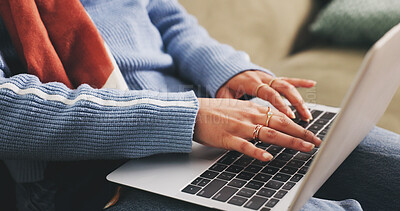 Buy stock photo Hands, laptop and typing with person in living room of home for browsing internet or research. Computer, keyboard and networking with user in apartment on weekend to relax for break or me time