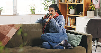 Buy stock photo Coffee, relax and woman on sofa in home with calm, peace and morning in living room for break. Happy, lounge and female person drinking latte, cappuccino or warm beverage on couch in apartment.