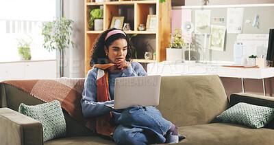 Buy stock photo Freelancer, thinking and woman with laptop in home for creative inspiration, idea or news insight. Computer, remote work and planning in living room with journalist for story, research or pensive