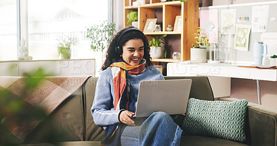 Buy stock photo Woman, headset and consultant on laptop at house for video call, customer support and advice. Female advisor, remote work and PC for online meeting, telecom survey and questions for procedure process