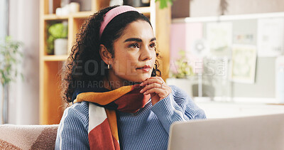 Remote work, thinking and woman with laptop for vision, creative inspiration or news insight. Computer, freelancer and problem solving in home with journalist for story, reflection and planning