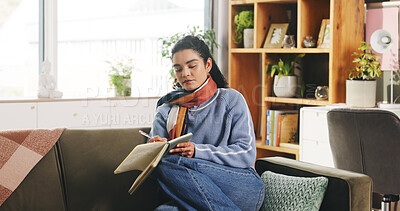 Buy stock photo Writing, creative and woman with notebook, lounge or writer with idea for fiction novel or freelance. Remote work, inspiration and person with notes for story, plan and author with journal in house