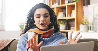 Buy stock photo Woman, talking and video call on laptop at house for consulting, customer support and advice. Advisor, headset and remote work and online meeting, telecom survey and questions for procedure process