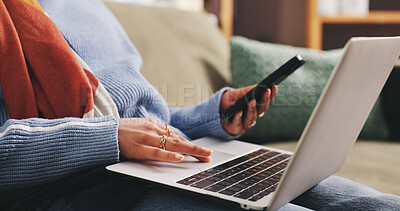 Buy stock photo Hands, laptop and phone with person in living room of home for browsing internet or research. App, computer and keyboard with user typing in apartment on weekend to relax for break or me time