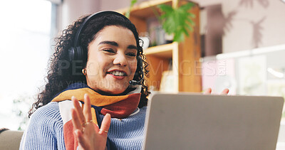 Buy stock photo Happy, woman and video call on laptop at house for consulting, customer support and advice. Advisor, remote work and headset for online meeting, telecom survey and questions for procedure process