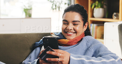 Buy stock photo Phone, credit card and smile with woman on sofa for online shopping, digital payment and relax. Happy, banking app and ecommerce with person in living room of home for fintech, budget and customer