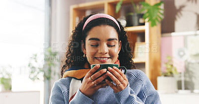 Buy stock photo Coffee, happy and woman on sofa in home with calm, peace and morning in living room for break. Relax, lounge and female person drinking latte, cappuccino or warm beverage on couch in apartment.
