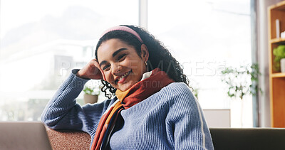 Buy stock photo Portrait, smile and woman relax at house for peace, morning start and satisfaction of weekend. Happy, person and cozy with free time, break and chilling to unwind with day off for wellness in lounge
