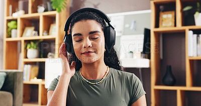 Buy stock photo Relax, calm and headphones with woman in home for streaming service, wellness podcast and mindset. Zen audio, meditation guide and peace sound with person in living room of apartment for music