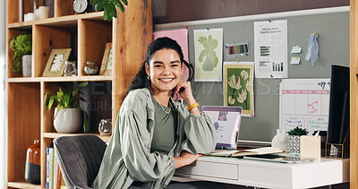 Buy stock photo Portrait, business and woman with laptop at house for remote work, about us and marketing consultant. Happy, female person and happiness for career pride, ambition and PC screen with company proposal