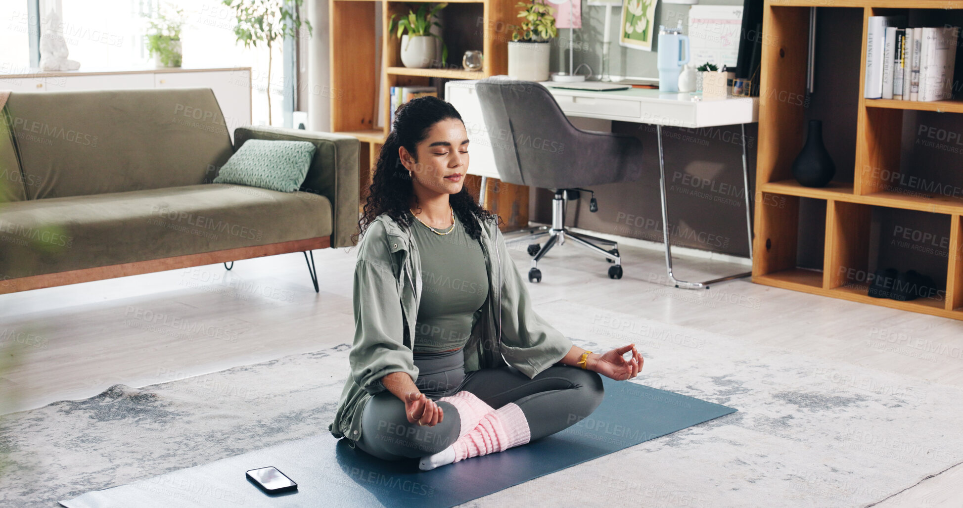 Buy stock photo Woman, breath and meditation for yoga at house for fitness, spiritual healing and holistic balance. Person, lotus pose and yogi exercise for peace, mindfulness practice and self awareness of wellness