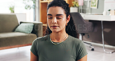 Buy stock photo Woman, breathing and meditation for yoga at house for fitness, spiritual healing and holistic balance. Female person, eyes closed and yogi routine for zen, mindfulness practice and wellness benefits