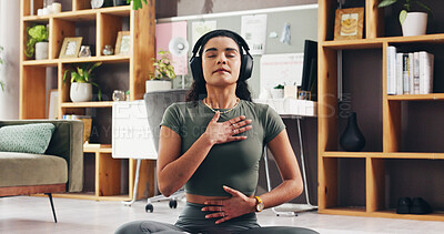 Buy stock photo Woman, breathing or audio therapy with headphones for zen exercise or technique in home. Female person, yoga and relaxation with sound or meditation for inner peace, mindfulness or balance in house