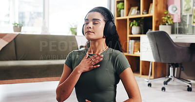 Buy stock photo Calm woman, relax and headphones with breathing technique for audio therapy or harmony. Female person, zen or listening with sound healing for inner peace, meditation or mental wellness in home