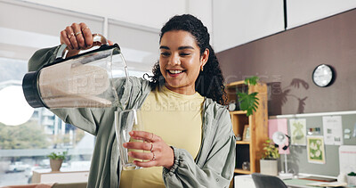 Buy stock photo Happy woman, blender and fruits with smoothie in kitchen for gut health, detox and supplements at apartment. Girl, machine and pour drink with glass, diet or nutrition with smile in morning at home