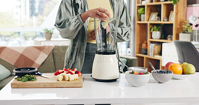 Buy stock photo Hands, blender and fruits for smoothie in kitchen for gut health, detox and supplements at apartment. Person, machine and organic ingredients for vegan drink, diet or nutrition in morning at home