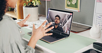 Buy stock photo Woman, hands and laptop with video call, remote work and online meeting on screen. Apartment, person or freelancer with computer screen, virtual consultation or conversation with feedback for project