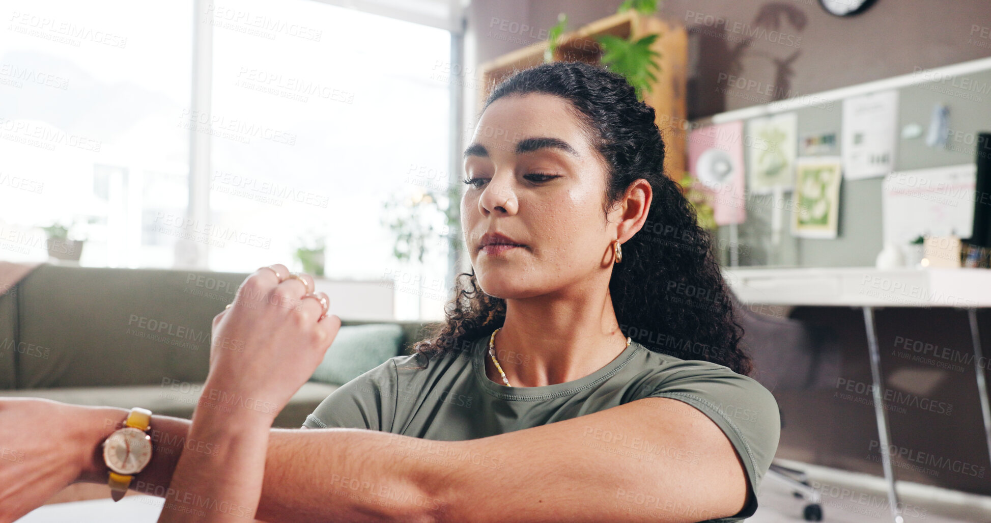 Buy stock photo Fitness, woman and stretching arms in home for health, wellness and preparation with flexibility. Living room, person and warm up muscle to get ready to start exercise, pilates or injury prevention