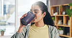Drinking, smoothie and gut health for woman, home or liquid for detox benefits, nutrition and fluid. Fresh, protein shake and person with supplement for wellness, vitamin c and beverage in house