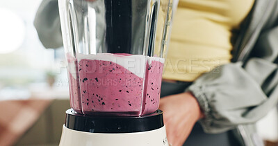 Buy stock photo Woman, hands and blender with smoothie for diet, healthy drink or meal prep in home. Female person, nutritionist or mix with ingredients for natural organic beverage or berry milkshake in kitchen