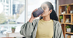 Drinking, smoothie and nutrition for woman, home or liquid for gut health benefits, detox and fluid. Fresh, protein shake and person with supplement for wellness, vitamin c and beverage in house