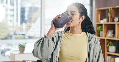 Buy stock photo Drinking, smoothie and nutrition for woman, home or liquid for gut health benefits, detox and fluid. Fresh, protein shake and person with supplement for wellness, vitamin C and beverage in house