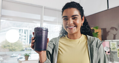 Buy stock photo Portrait, detox and woman with smoothie, home or nutrition for gut health benefits, happy and drink. Fresh, protein shake and person with smile for wellness, vitamin c and organic beverage in house