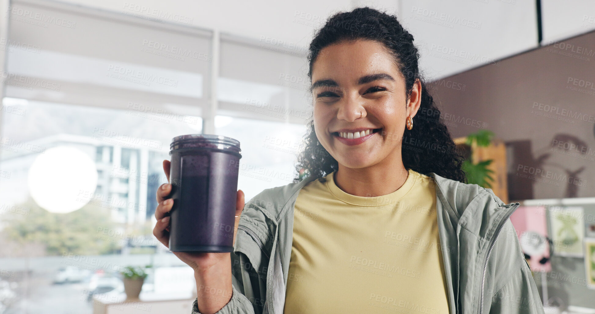 Buy stock photo Portrait, detox and woman with smoothie, home or nutrition for gut health benefits, happy and drink. Fresh, protein shake and person with smile for wellness, vitamin c and organic beverage in house