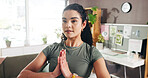 Happy woman, yoga and home with namaste for meditation, inner peace or work life balance. Female person, yogi or breathing with spiritual connection for mindfulness, health or wellness in house