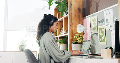 Buy stock photo Remote work, employee and woman with laptop, home office or social media strategist with headphones. Digital marketing, freelancer and person with tech for music, screen and checking stats in house