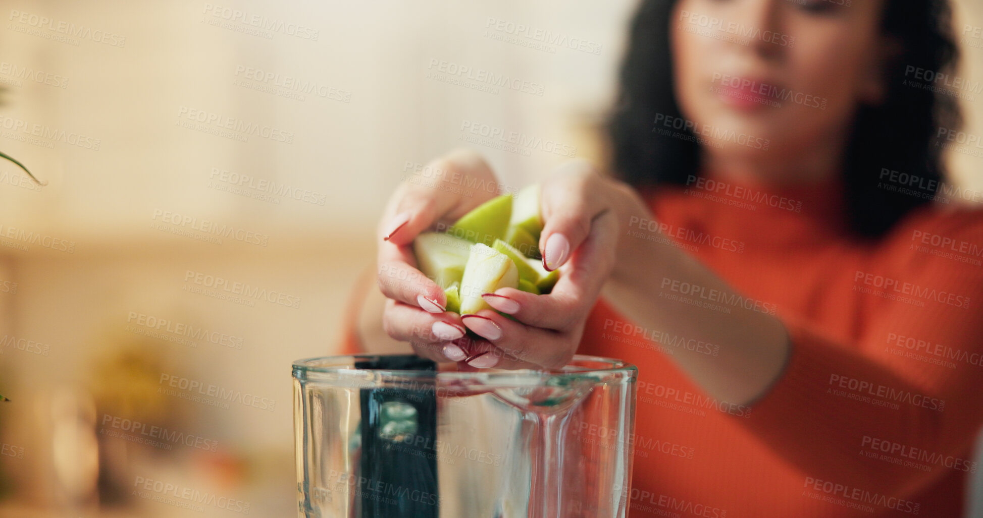 Buy stock photo Woman, hands and apple with blender in kitchen for diet, nutrition or vitamins in home. Female person, nutritionist or smoothie with natural organic fruit for weight loss, health or wellness in house